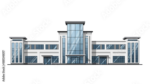 Modern commercial building with contemporary architectural design, glass facade, and symmetrical structure, suitable for business or public use
