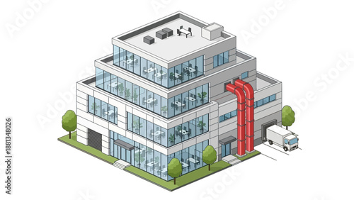 Isometric illustration of a modern office building with glass facades, red industrial pipes, and a delivery truck, representing corporate architecture and urban development