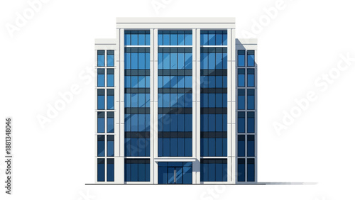 Sleek modern office building illustration with expansive blue glass windows, showcasing contemporary corporate architecture and a towering urban business center for commercial real estate projects