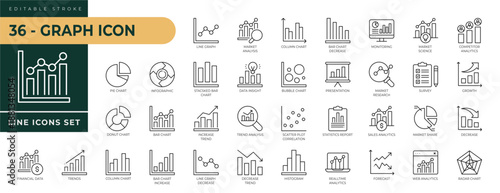 A collection of Graph icons set with editable stroke, including line graph, market analysis, column chart, bubble, survey, growth, decrease, radar chart, forecast, etc. Thin linear vector illustration