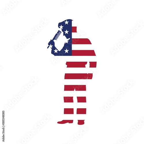 Patriotic barber silhouette holding a comb like a microphone representing american hairstyling pride and patriotic service spirit