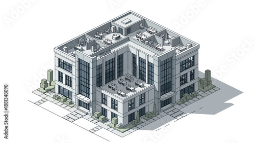 Isometric vector illustration of a grand corporate office building, showcasing contemporary architectural design and reflecting concepts of urban development and business innovation