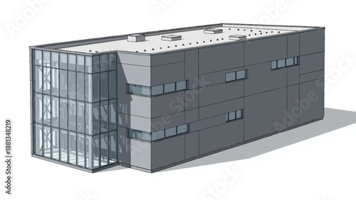 Contemporary commercial building exterior, showcasing a sleek glass facade and minimalist design. Perfect for modern corporate innovation and urban development projects