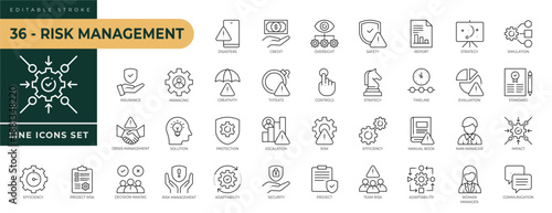 A collection of Risk Management icons set with editable stroke, including disasters, credit, oversight, safety report, strategy, simulation, communication, adaptabilit. Thin linear vector illustration