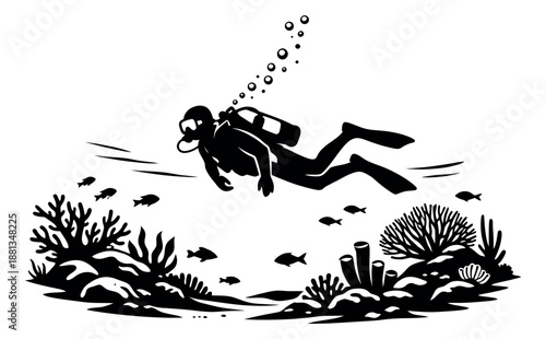 Black and white line art illustration of a scuba diver depicting exploring underwater for water sports and marine exploration