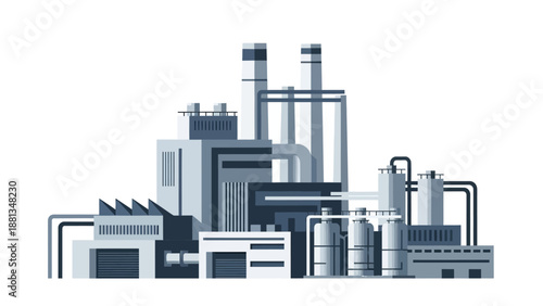 Modern industrial factory complex in flat vector illustration. Features large manufacturing plant with buildings, smokestacks, and tanks, symbolizing production and industrial operations