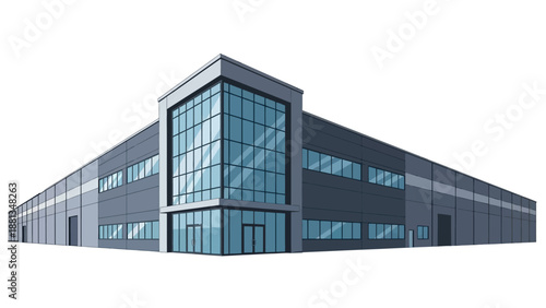 Modern industrial warehouse building illustration with a sleek glass facade and contemporary corporate architecture, ideal for logistics and business distribution
