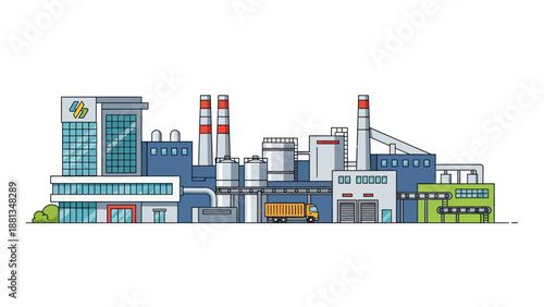 Modern industrial factory complex featuring various production facilities, energy generation, and logistic operations with a delivery truck, depicted in a clean line art vector illustration style