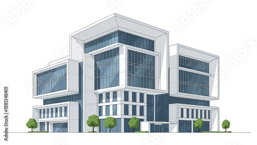 Sleek and Contemporary Architectural Illustration of a Modern Corporate Office Building with Expansive Glass Facade and Clean Lines on a White Background
