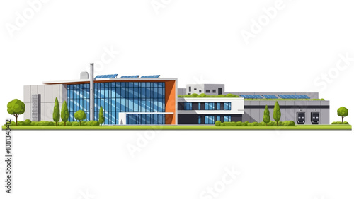 Modern sustainable office building illustration with green energy features like solar panels and a living roof, symbolizing eco-friendly corporate architecture and technological innovation
