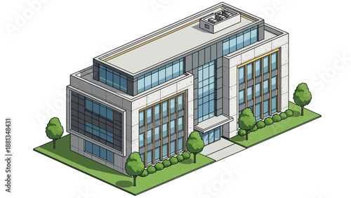 Isometric illustration of a modern office building with contemporary architectural design, representing corporate business, technology, or educational campus environments