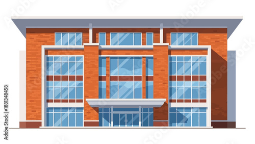 Modern corporate office building with an impressive red brick facade and large reflective glass windows, showcasing contemporary architectural design in an urban setting