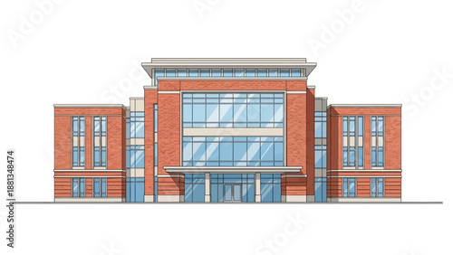 Modern Red Brick Architectural Vector Illustration Featuring a Contemporary Building Design with Expansive Glass Windows and a Welcoming Entrance, Perfect for Institutional Graphics
