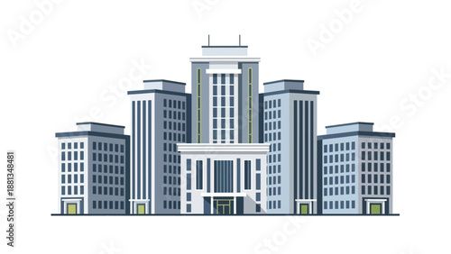Modern urban building complex illustration. Features multi-story high-rise structures and a prominent central facade. Represents corporate headquarters, government, or financial districts