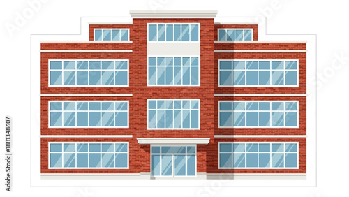 Bright vector illustration of a modern multi-story red brick building, symbolizing urban growth, education, and business infrastructure within a community