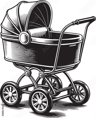 Vintage Baby Pram Stroller Vector Illustration with Classic Carriage Wheels Black White Line Art