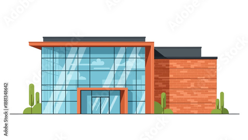 Modern commercial building illustration with glass facade and brick elements. Contemporary office, retail store, or business center design