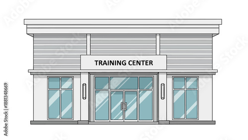 Vector illustration of a modern training center building. Sleek architecture with a welcoming glass entrance, perfect for professional development and corporate learning