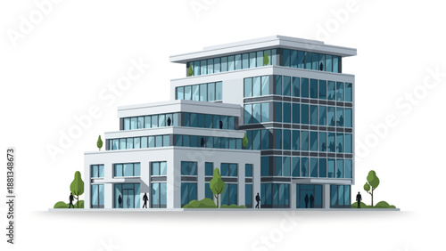 Modern multi-story office building illustration featuring sleek architectural design and reflective glass facade, symbolizing corporate success and urban development