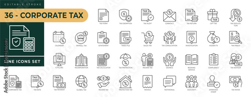 A collection of Corporate Tax icons set with editable stroke, including tax form, exemption, tax audit, contact, return, savings, book service, hidden tax, gift tax. Thin linear vector illustration