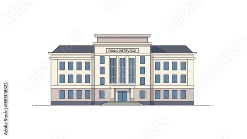 Modern flat vector illustration depicting a grand public institution building, suitable for conveying concepts of government, law, education, and community services