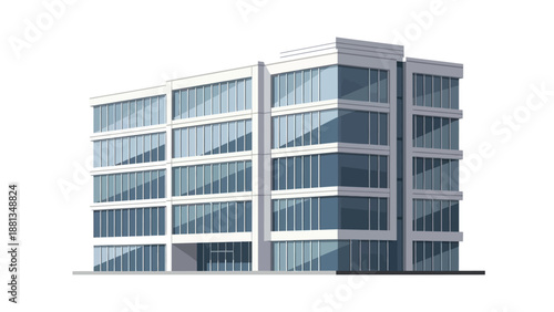 Modern corporate office building illustration, featuring a sleek, multi-story architectural design with large glass windows, ideal for business and urban development concepts