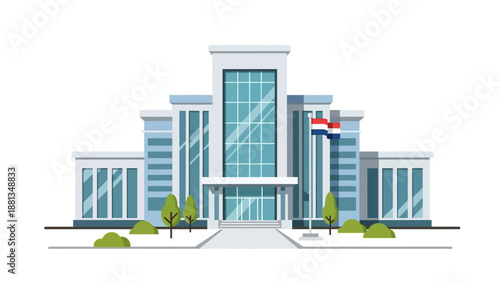 Sleek modern administrative building with glass facades and flags, a contemporary vector illustration representing corporate headquarters, government institutions, or urban business architecture