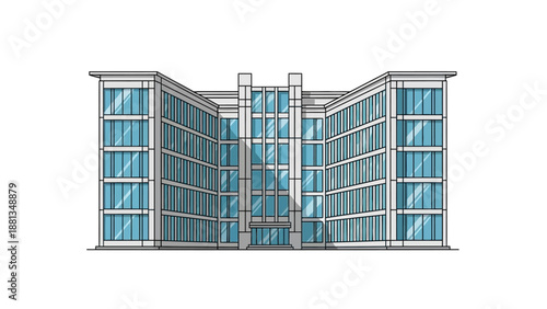 Sleek and modern corporate office building illustration, featuring multiple stories and a professional facade, symbolizing business growth and urban architecture with contemporary design