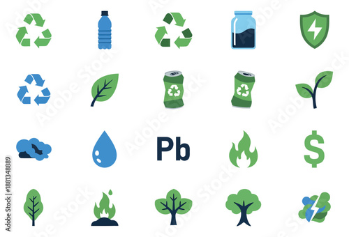 Modern flat ecology icon set featuring recycle symbols, natural elements, pollution, and resources for environmental conservation