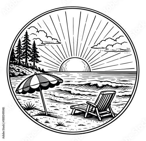 Hand drawn line art illustration of a beach vacation depicting a sunset, umbrella, and chair for summer travel