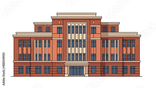 Grand symmetrical red brick building with classical architectural details, a symbol of permanence and historical significance, perfect for educational or governmental themes