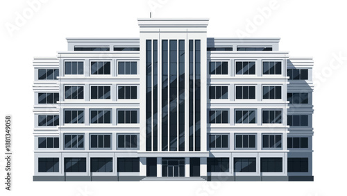 A sleek, contemporary corporate building with multiple floors and symmetrical architecture, ideal for business, office spaces, and commercial real estate development in a modern urban environment