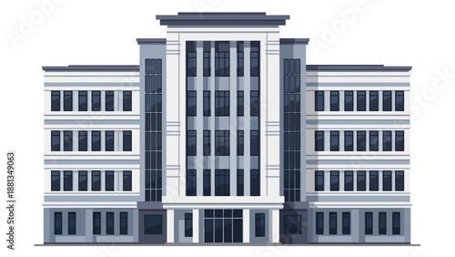 Sleek contemporary office building illustration with geometric lines and a prominent entrance, showcasing modern corporate architecture and urban design for a professional business environment