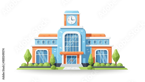 Modern flat design illustration of a public building with a prominent clock tower, large windows, and green landscaping. Represents a school, library, or transit station