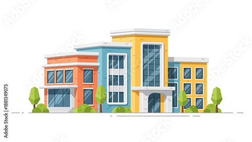Dynamic Vector Illustration of a Modern Architectural Complex. Featuring Vibrant Contemporary Buildings, a Landscaped Environment, Perfect for Urban Development and Business Concepts