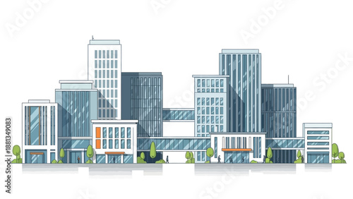 Contemporary urban landscape vector illustration displaying a modern city skyline with diverse architectural structures and bustling business district
