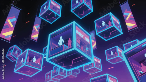 Illustration Of Floating Cube-Shaped Vr Shops, Visitor Avatars Made Up Of Triangles, Geometric Hologram Banners Lit Up In The Air Vector Design Template