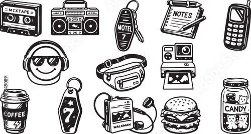 Retro Lifestyle Icon Set Vector with Cassette Radio Camera Coffee Music Gadget Objects Line Art