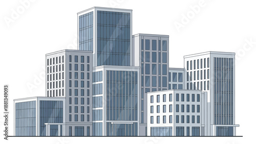 Dynamic urban landscape illustration showcasing a cluster of contemporary high-rise office buildings, symbolizing growth and metropolitan development