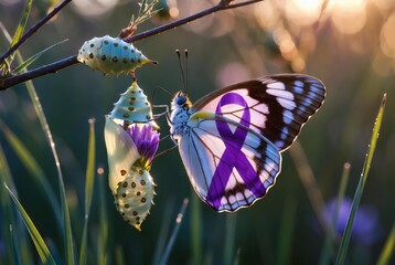 Metamorphosis of Hope Butterfly Emerging from Cocoon with Purple Ribbon for Cancer Survival Concept