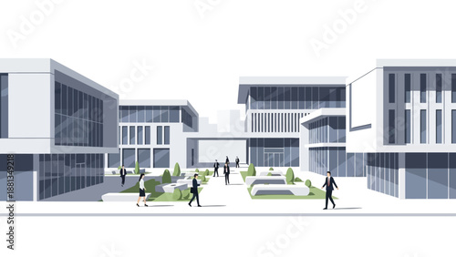 Modern business district illustration. Sleek white office buildings, large glass windows, urban plaza with stylized pedestrians. Contemporary corporate architecture and clean environment