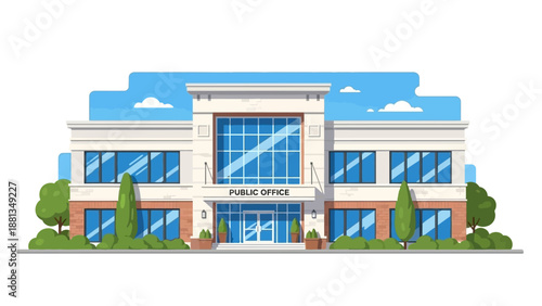 Illustrated modern public office building. A contemporary government facility with a grand glass entrance and landscaping, representing civic administration and official services