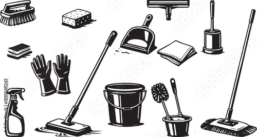 Cleaning Tools Icon Set Vector with Mop Bucket Brush Sponge Gloves Spray Household Line Art