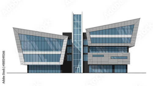 Sleek contemporary building facade with angular glass elements and a prominent central elevator, showcasing modern architectural design for urban development and corporate environments