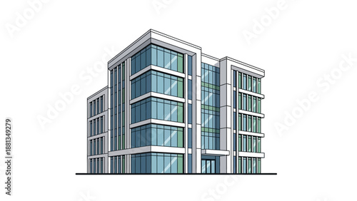 Modern multi-story office building vector illustration. Sleek architectural design with reflective glass windows, symbolizing urban development and professional business spaces