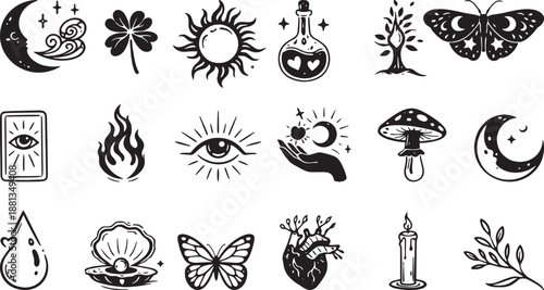 Mystical Boho Symbol Set Vector Icons with Moon Sun Eye Butterfly Nature Witchy Black Line Art