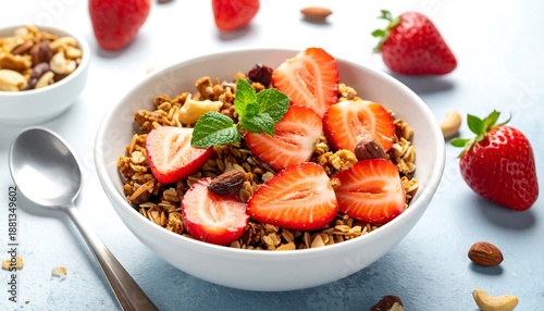Healthy Breakfast Bowl with Granola and Fresh Strawberries.