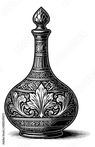 Vintage line art illustration of an ornate decanter depicting intricate floral patterns for luxury design