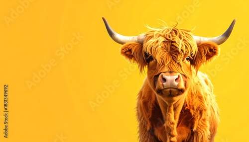 Highland Cow Portrait on Vibrant Yellow Background.