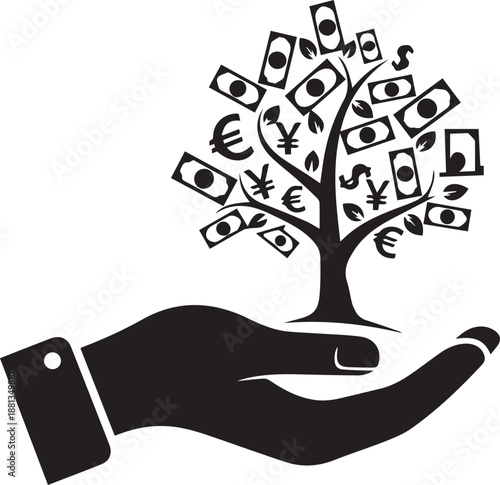 A symbolic illustration of a human hand holding a flourishing money tree with global currencies